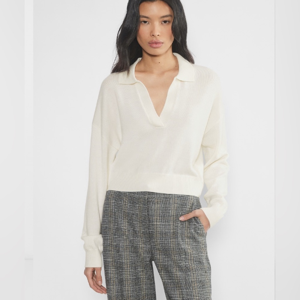 EUC Wilfred merino Wool Cream V-Neck Collared Cropped Sweater Classic Knit, XS